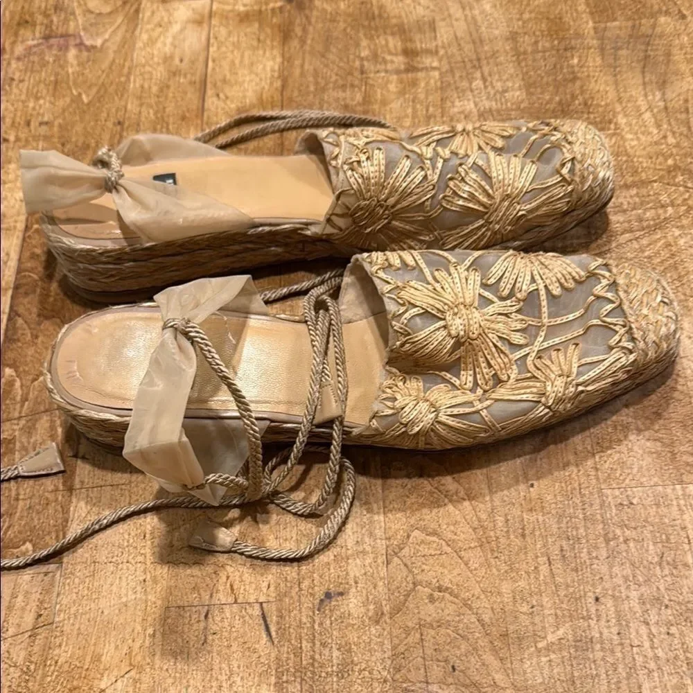 Stuart Weitzman Gold Espadrilles with Intricate Woven Design